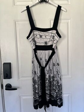 Black and White Patterned Midi Dress with Wide Black Straps